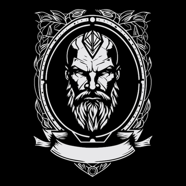 Vector cabeza de hombre vikingo con logo de barba ilustración dibujada a mano en blanco y negro