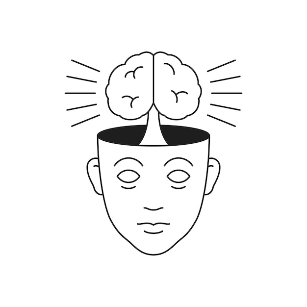 cabeza humana con cerebro idea de innovación línea monocromática ilustración vectorial de icono groovy