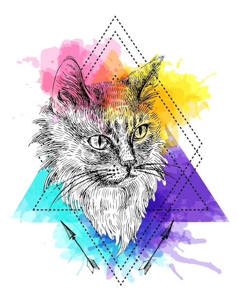 Cabeza de ilustración dibujada a mano de vector de cartel de estilo boho de gato Dibujo de boceto de tinta de animal