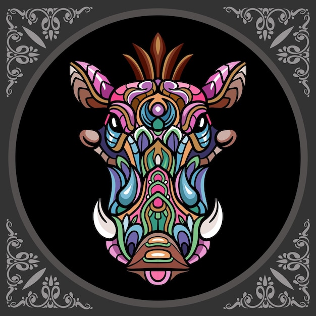 Vector cabeza de jabalí colorido artes zentangle aislado sobre fondo negro