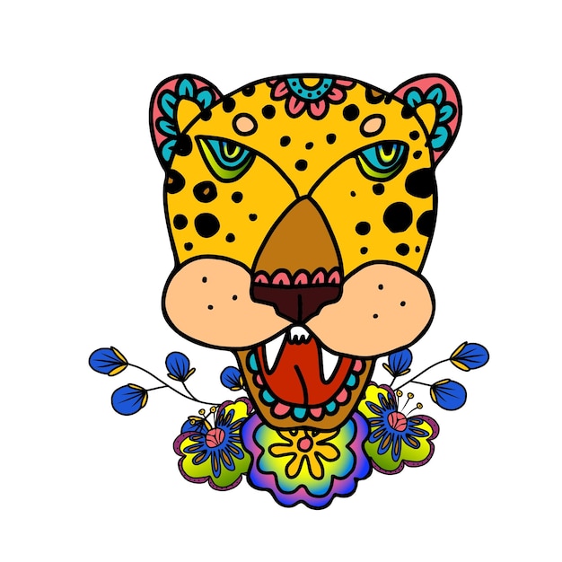 Cabeza de jaguar decorada con flores Vector dibujado a mano ilustración de garabato en estilo mexicano