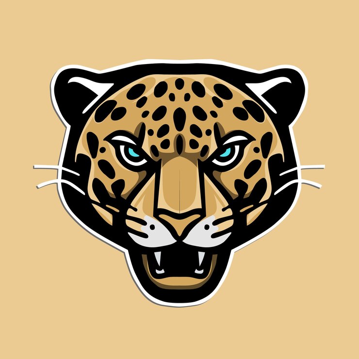 Una cabeza de jaguar con ojos azules.