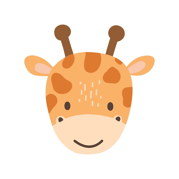 Cabeza de jirafa de retrato lindo en estilo plano Cara de animal de dibujo aislado sobre fondo blanco Ilustración vectorial para póster y tarjeta de niños Animal de la selva