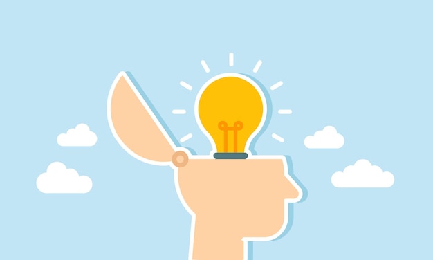 Una cabeza con una lámpara encendida dentro ilustración de una mentalidad creativa en la generación de ideas e innovación