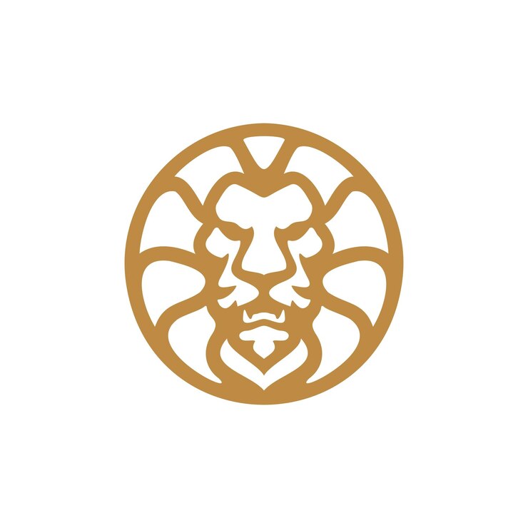Vector cabeza de león cara cabello melena y cresta circular heráldica diseño de logotipo cabeza de león contorno arte lineal