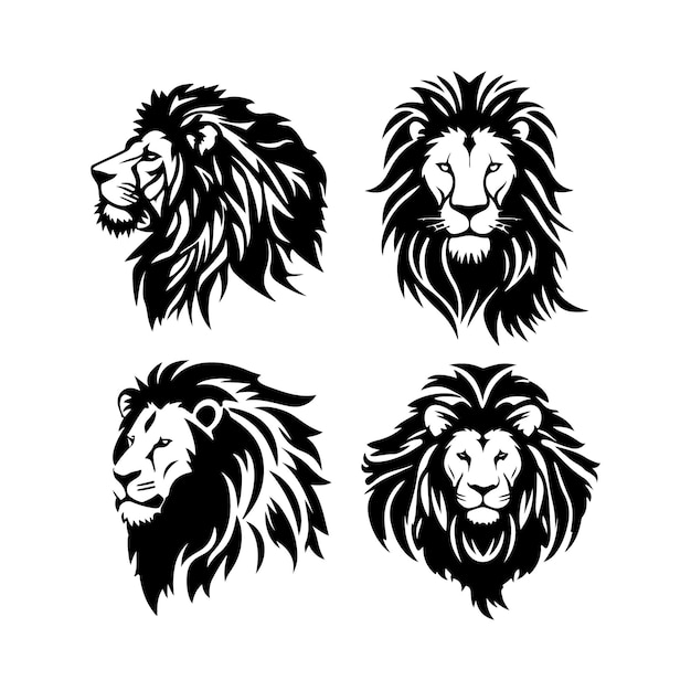 Cabeza de león cara logo conjunto silueta icono negro tatuaje mascota dibujado a mano león rey silueta animal