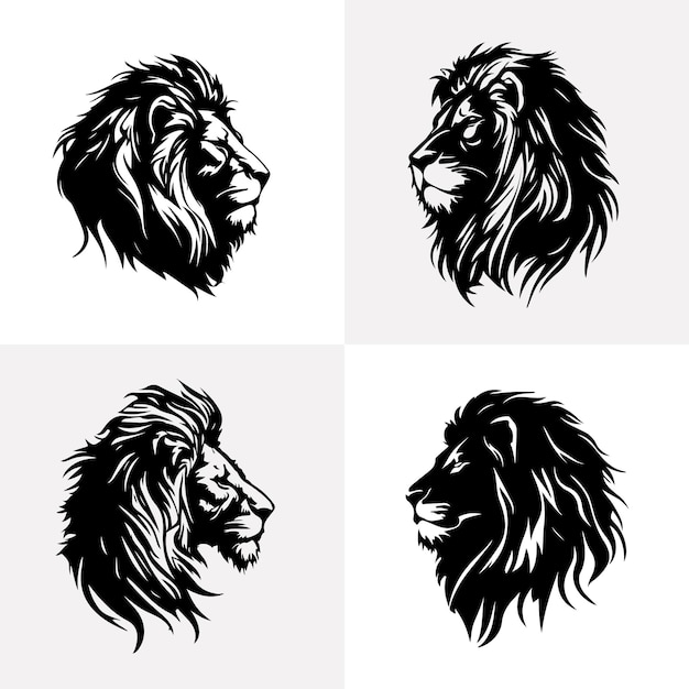 Cabeza de león cara logo conjunto silueta icono negro tatuaje mascota dibujado a mano león rey silueta animal