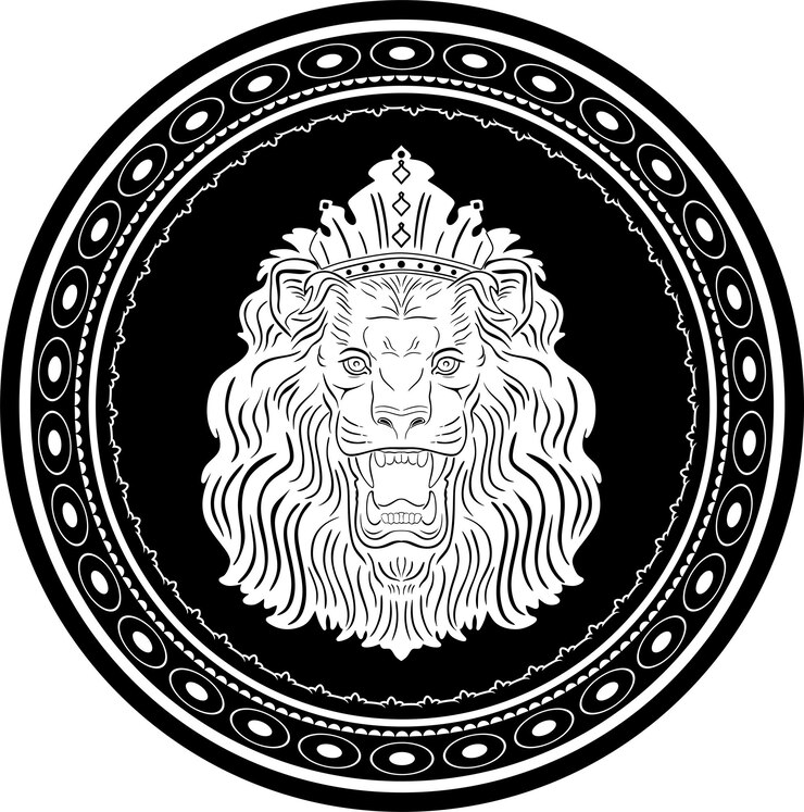 Vector cabeza de león con corona con logotipo de marco floral silueta hecha a mano modelo 1