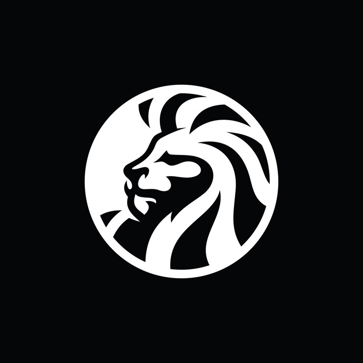 Vector cabeza de león en un diseño de logotipo de emblema de círculo ilustración de vector de cabeza de león sobre fondo oscuro