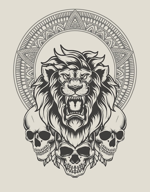 Cabeza de león de ilustración con estilo monocromo de calavera