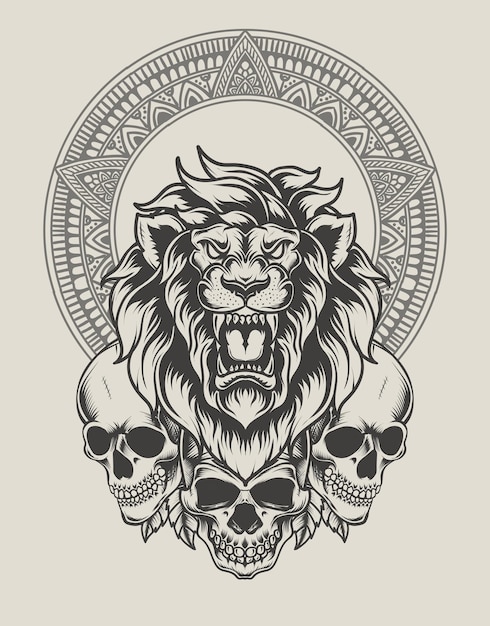 Cabeza de león de ilustración con estilo monocromo de calavera