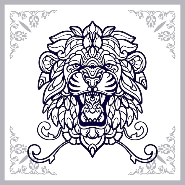 Cabeza de león mandala artes aislado sobre fondo blanco.
