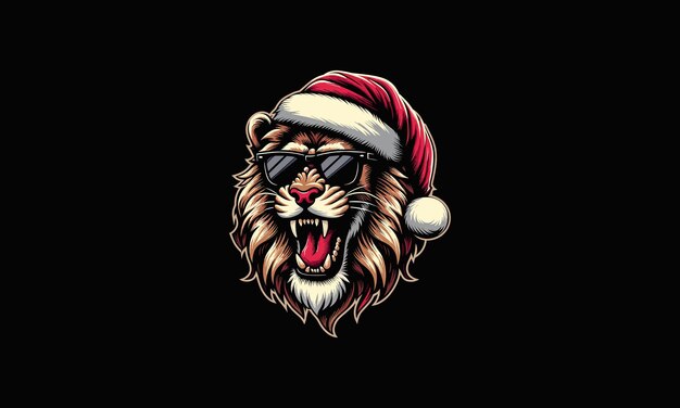 cabeza de león con sombrero de Santa y diseño de mascota vectorial de vidrio solar