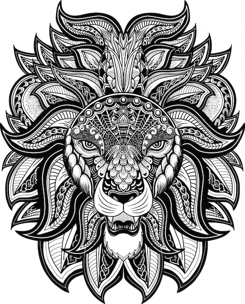 Cabeza de león zentangle estilo blanco y negro