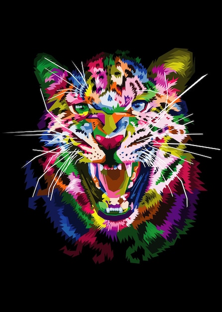 Cabeza de leopardo colorido en estilo pop art aislado sobre fondo negro