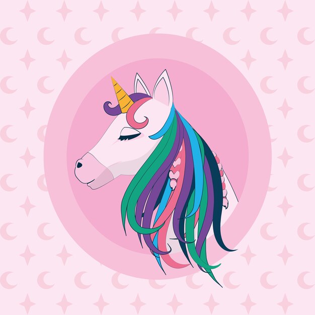 Vector cabeza linda del unicornio sobre diseño gráfico del ejemplo rosado del vector del fondo