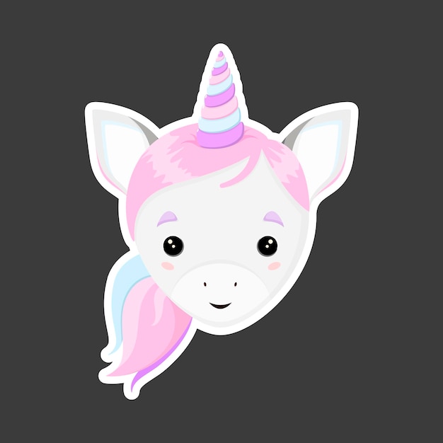 Vector la cabeza de un lindo unicornio pegatina diseño de dibujos animados