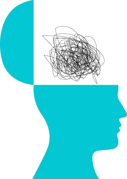 Cabeza llena de pensamientos confundido ansioso miedo caos y estresado cerebro perfil de persona