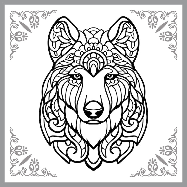 Cabeza de lobo artes zentangle aislado sobre fondo blanco.