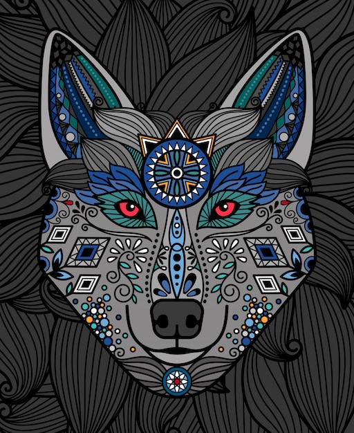 Cabeza de lobo con un colorido diseño ornamental.