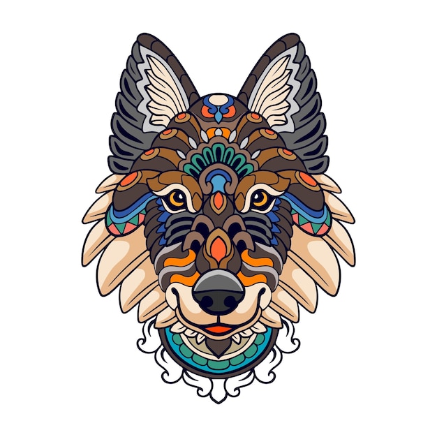 Cabeza de lobo colorido mandala artes aislado sobre fondo blanco.