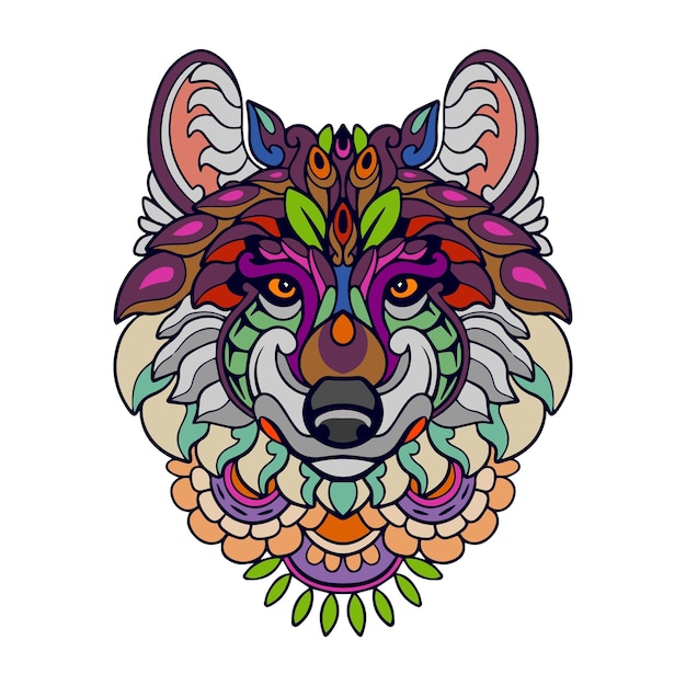 Cabeza de lobo colorido mandala artes aislado sobre fondo blanco.