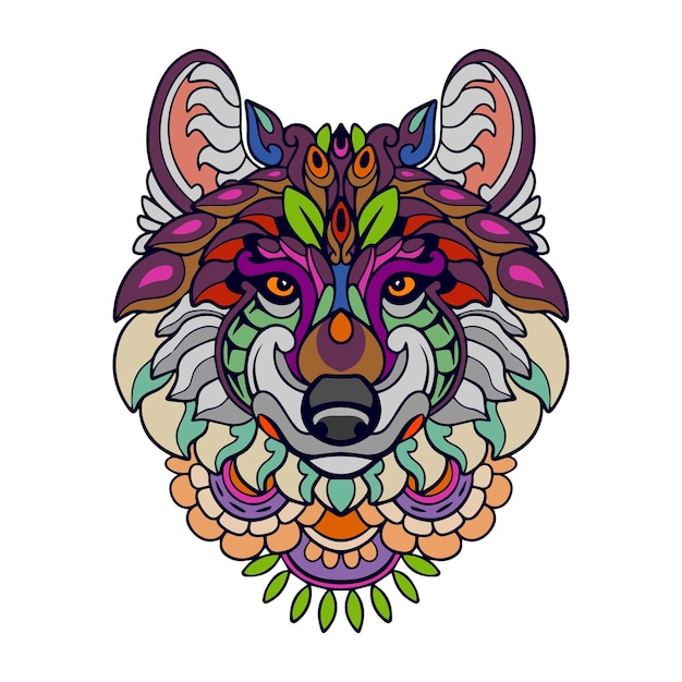 Vector cabeza de lobo colorido mandala artes aislado sobre fondo blanco.