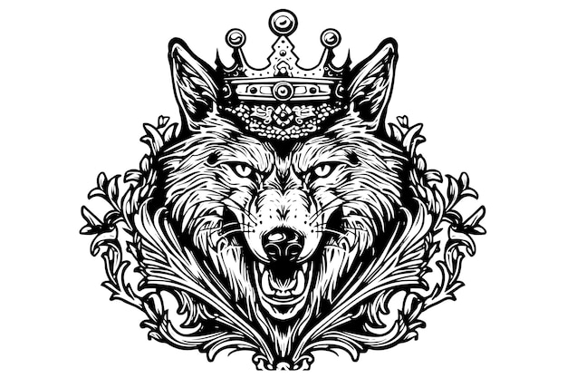 Cabeza de lobo en corona dibujado a mano boceto de tinta Grabado estilo vintage vector ilustración logotipo