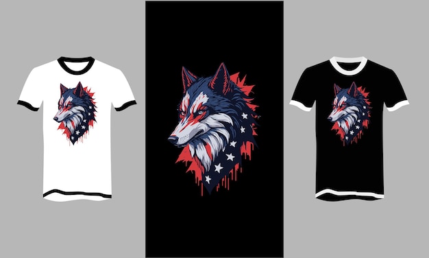 Vector cabeza de lobo con diseño de camiseta de fondo de bandera americana