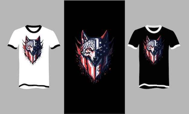 Vector cabeza de lobo con diseño de camiseta de fondo de bandera americana