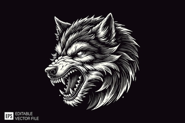 cabeza de lobo estilo de arte oscuro diseño vectorial ilustración en blanco y negro