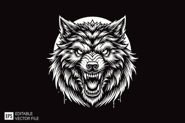 cabeza de lobo estilo de arte oscuro diseño vectorial ilustración en blanco y negro