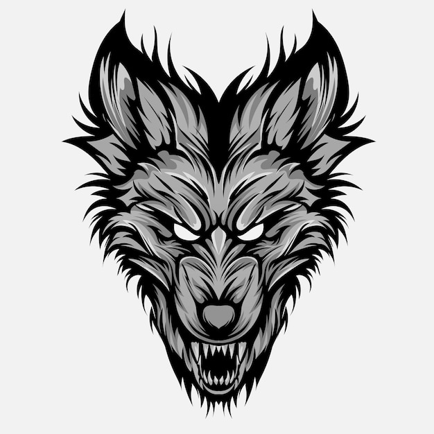Cabeza lobo feroz agresivo rugido silueta de contorno en un fondo negro para tatuajes y diseño de camiseta