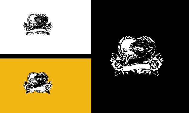 Cabeza de lobo y flores diseño de arte de línea vectorial