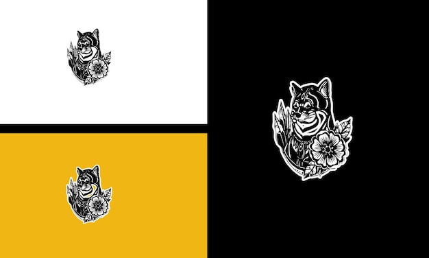 cabeza, lobo, y, flores, vector, contorno, arte, diseño