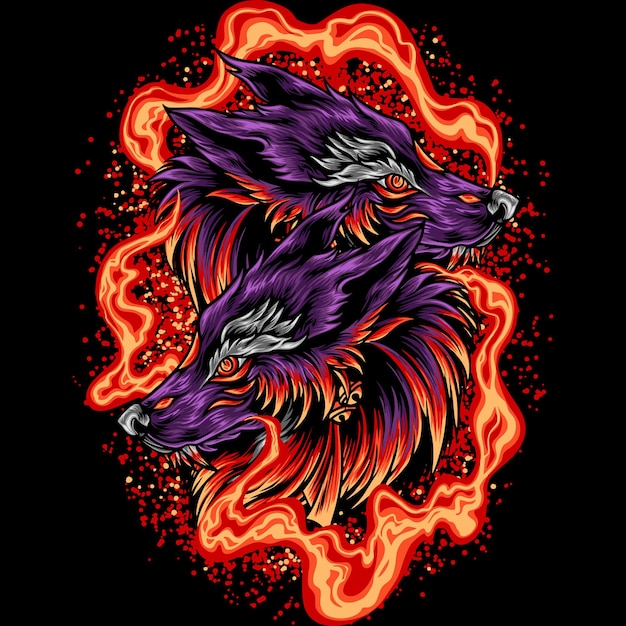 Vector cabeza de lobo gemela con fuego