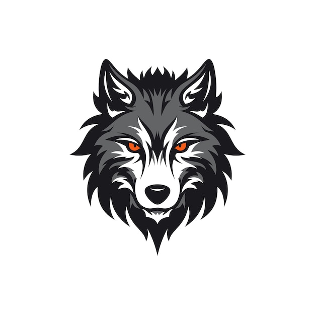 Cabeza de lobo gris enojado con ojos rojos bosque peligroso depredador logotipo mínimo vector ilustración plana Peligroso coyote peludo bestia loca hocico retrato poder fuerte animal salvaje icono para caza zoológico