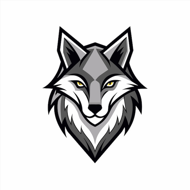 una cabeza de lobo con ojos amarillos y un logotipo negro en él