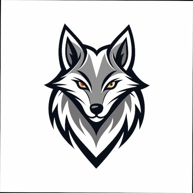 una cabeza de lobo con ojos naranjas y un logotipo en blanco y negro