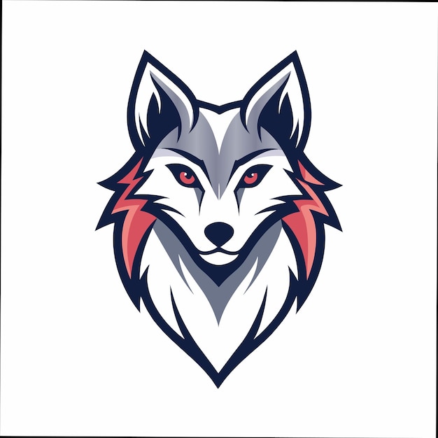 una cabeza de lobo con ojos rojos y un logotipo en blanco y negro