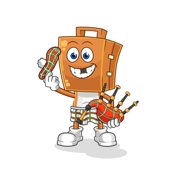 Cabeza de maleta escocesa con personaje de dibujos animados de vector de gaitas