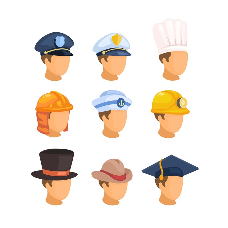 Vector cabeza masculina con sombrero profesión símbolo avatar colección conjunto dibujos animados ilustración vector