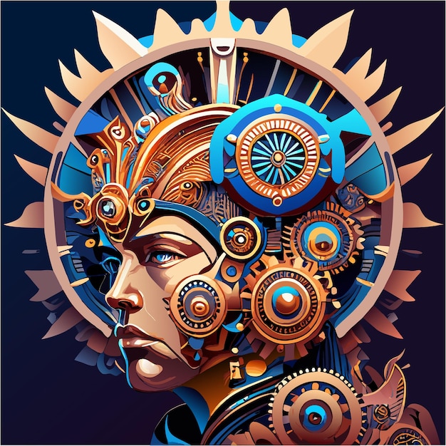 Vector cabeza mecánica adornada con engranajes fusión steampunk abstracta