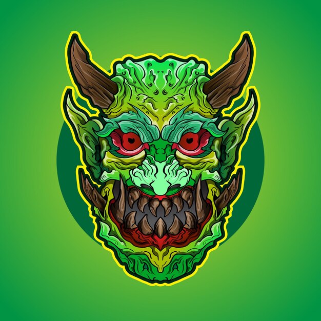 Cabeza de monstruo enojado en blanco y negro Diseño vectorial de ilustración de monstruo de máscara de demonio japonés oni