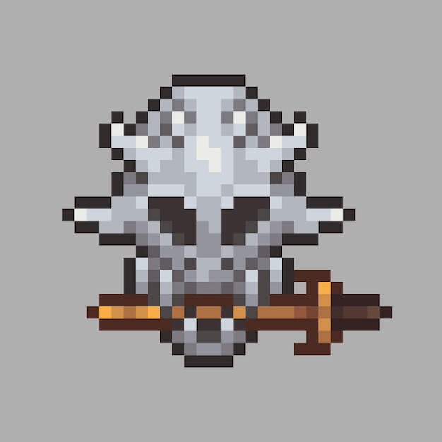 cabeza de monstruo con espada dorada en estilo de pixel art