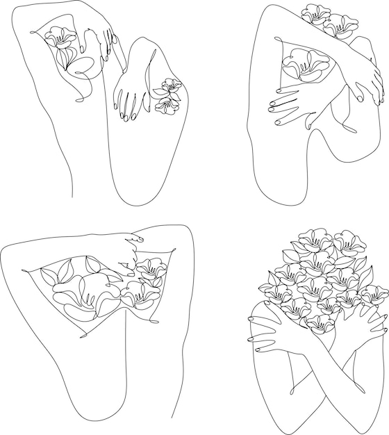 Cabeza de mujer abstracta con conjunto de dibujo lineal de flores