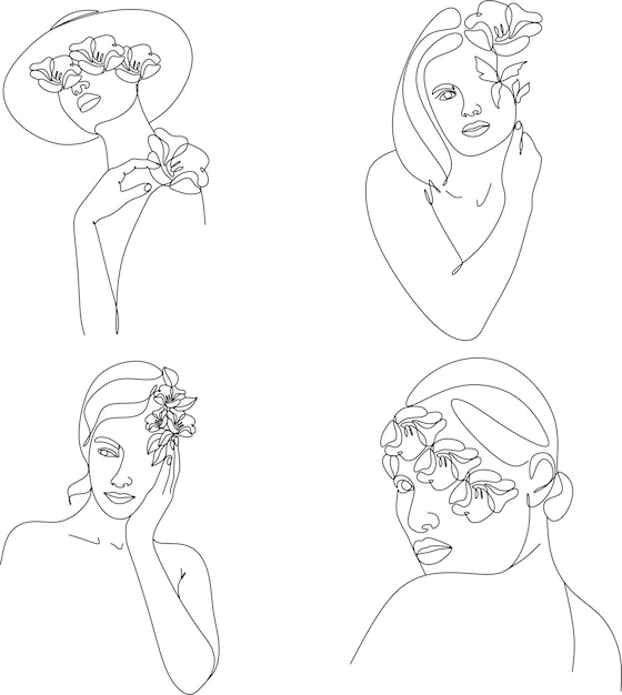 Cabeza de mujer abstracta con conjunto de dibujo lineal de flores