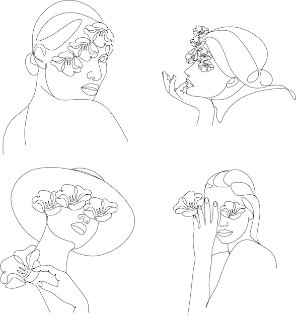 Cabeza de mujer abstracta con conjunto de dibujo lineal de flores