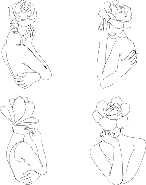 Cabeza de mujer abstracta con conjunto de dibujo lineal de flores