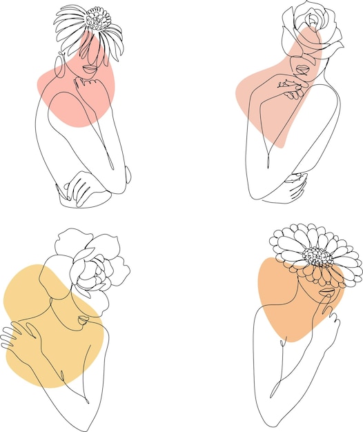 Cabeza de mujer abstracta con conjunto de dibujo lineal de flores